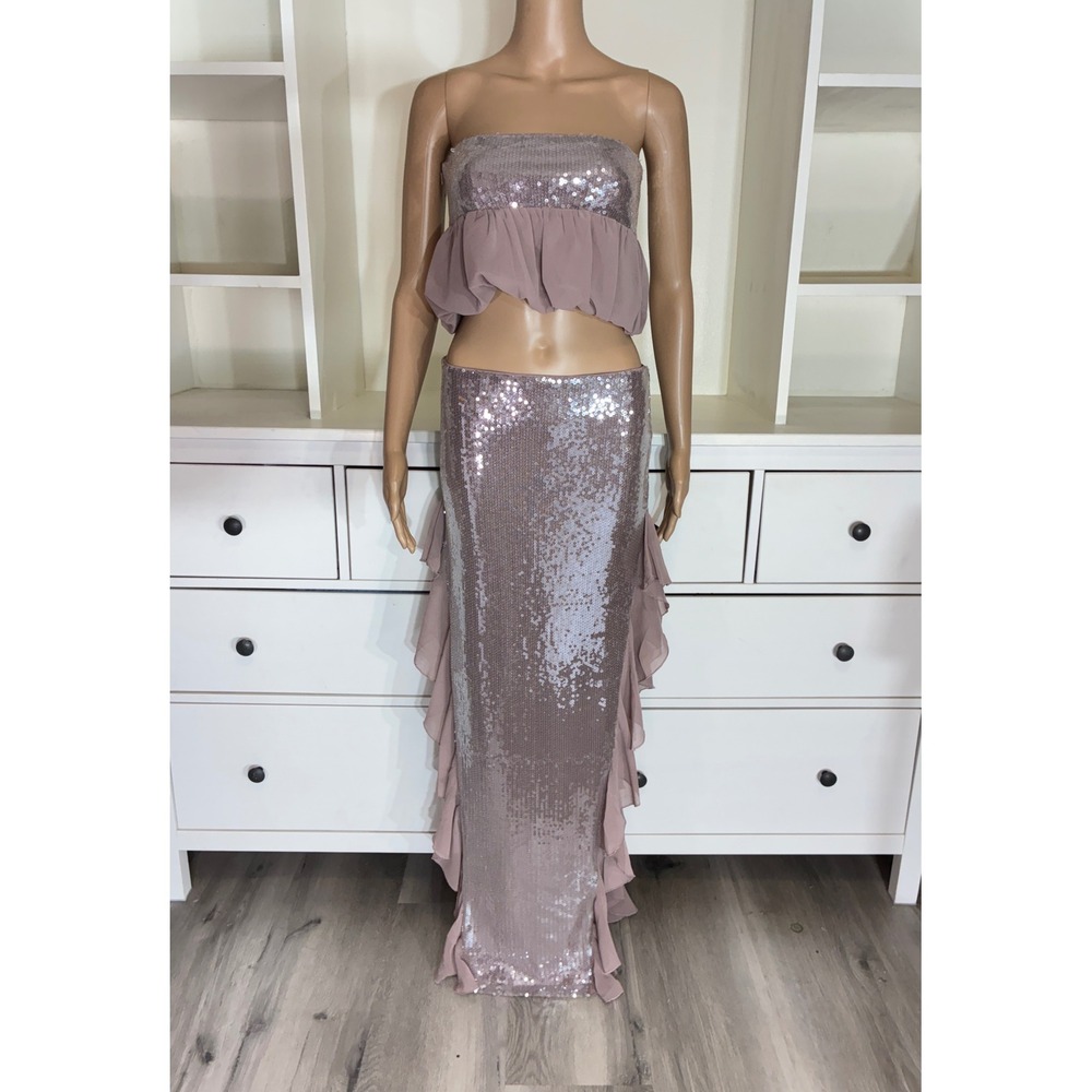 Outcast Zelie Maxi Skirt Set Womens M Dusty Pink Sequin Ruffle Two Piece